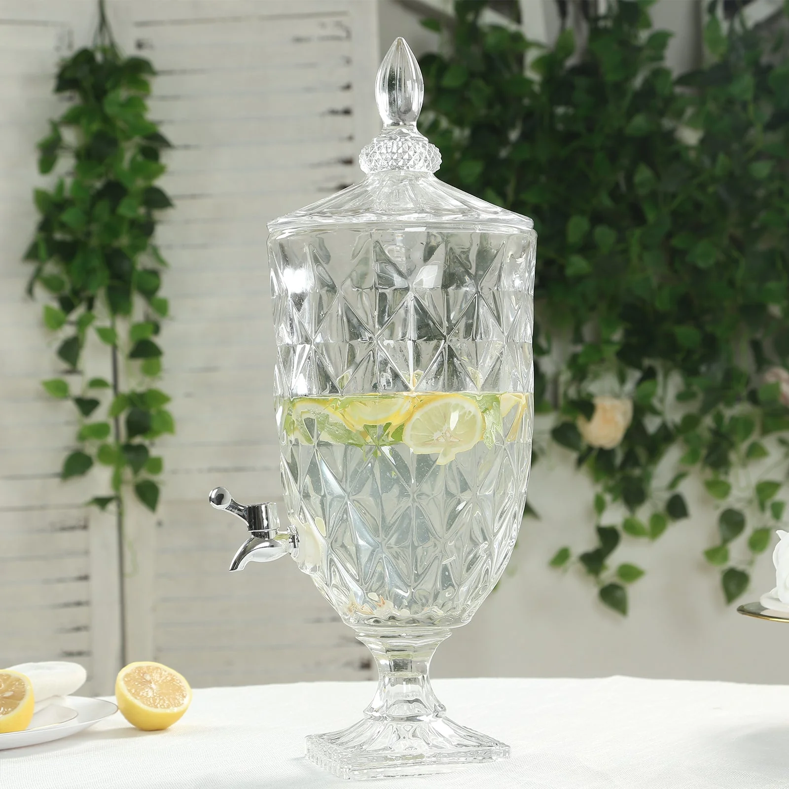 1.3 Gallon Clear Glass Beverage Dispenser with Spigot 21", Diamond Texture Apothecary Jar Style Party Drink Dispenser with Lid - Versatile Serving Feature