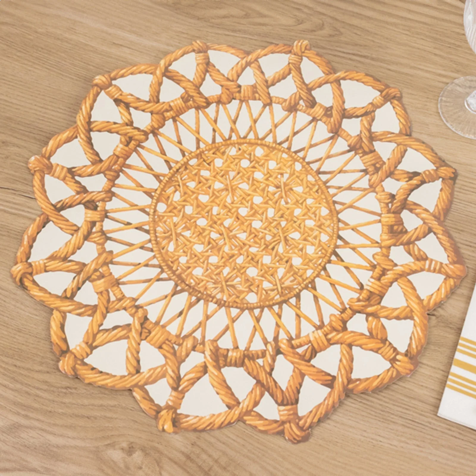 10-Pack Disposable Table Placemats 16" Brown with Die-Cut Rattan Weave Print & Scalloped Rim - Large Floral Paper Placemats for Rustic & Boho Themed Events