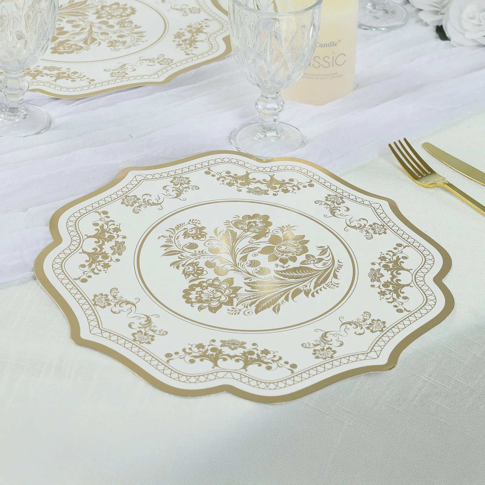 10 Pack Cardboard Paper Placemats with White Gold Damask Floral Pattern, 13" Round Disposable Table Mats with Scalloped Rim - 400 GSM