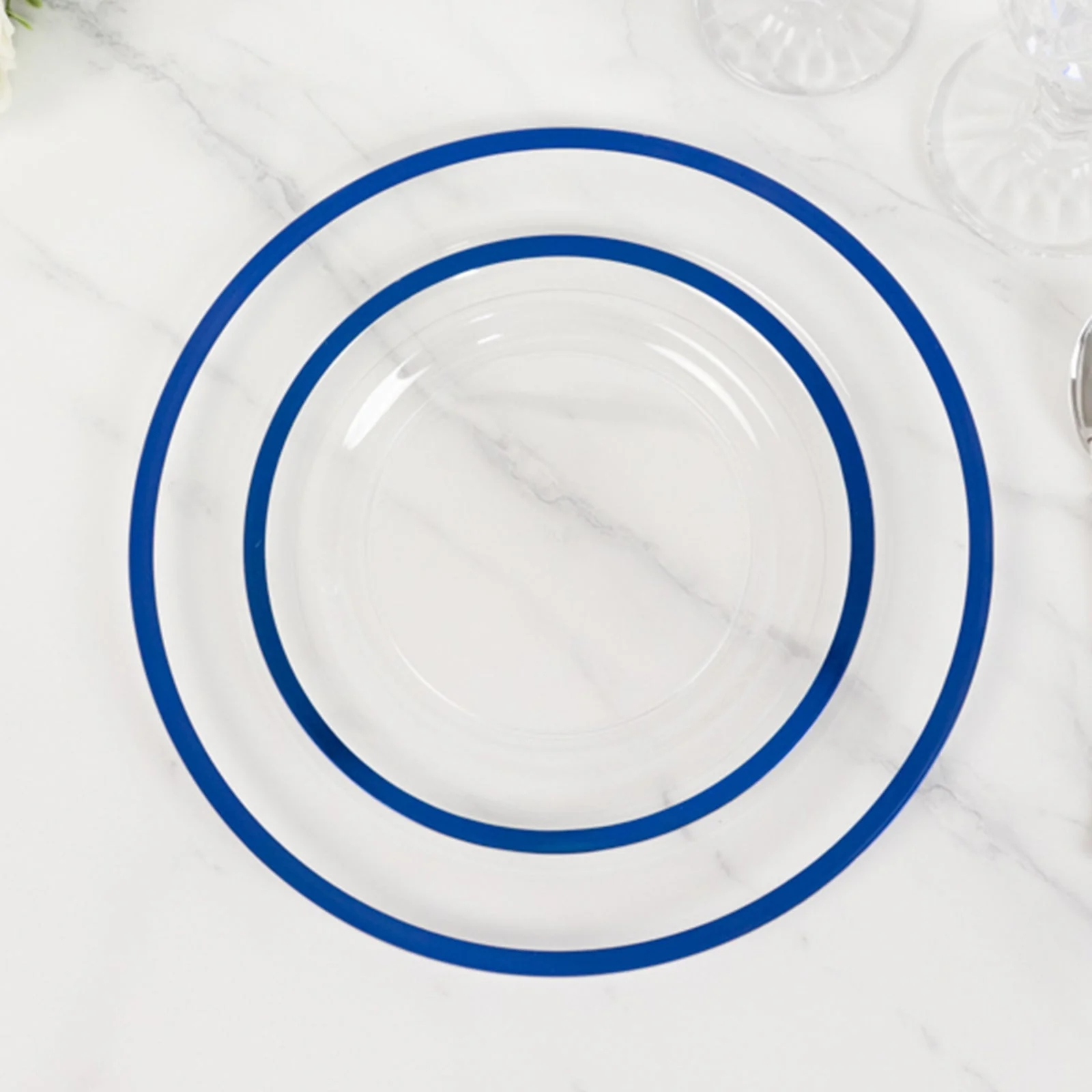 10-Pack Plastic Round Appetizer Plates 7" Clear with Blue Rim - Classy Disposable Salad Plates