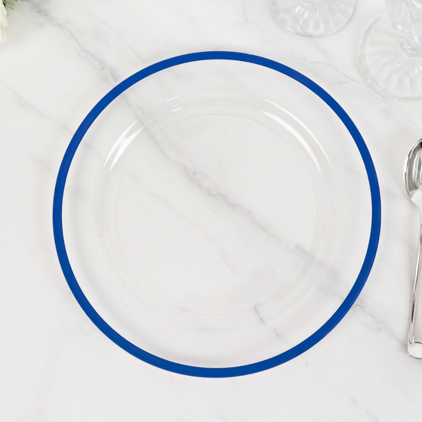 10-Pack Plastic Round Dinner Plates 10" Clear with Blue Rim - Sleek Disposable Party Plates