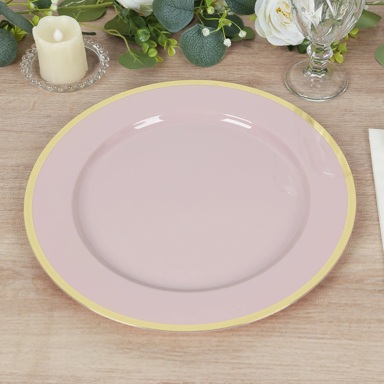 10-Pack Economy Plastic Charger Plates 12" Round Blush with Wide Gold Rim - Dinner Party Serving Plates