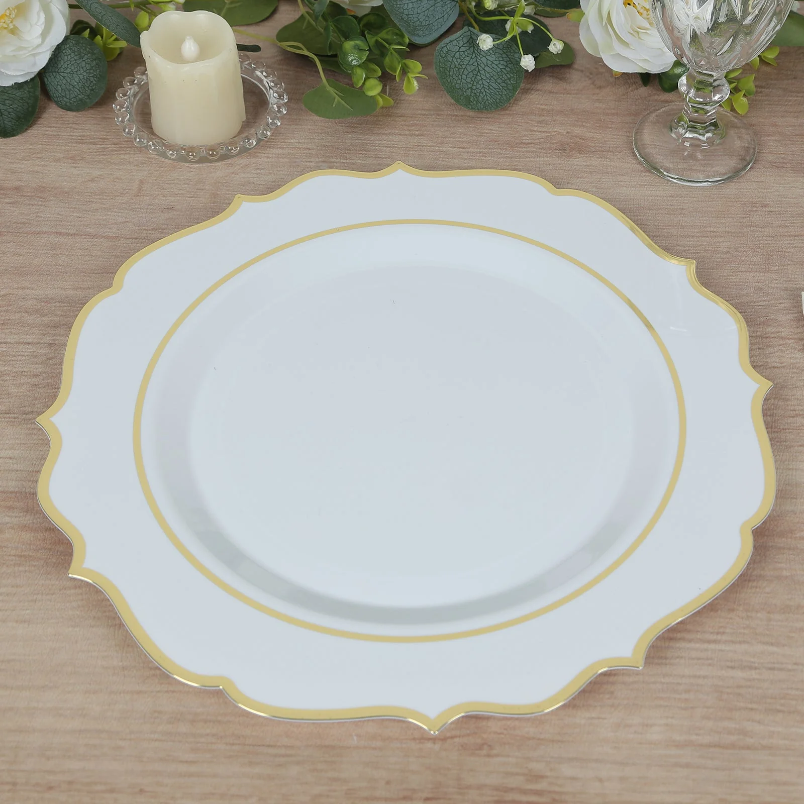 10-Pack Economy Plastic Charger Plates 13" Round White with Gold Scalloped Rim - Decorative Dinner Party Serving Plates