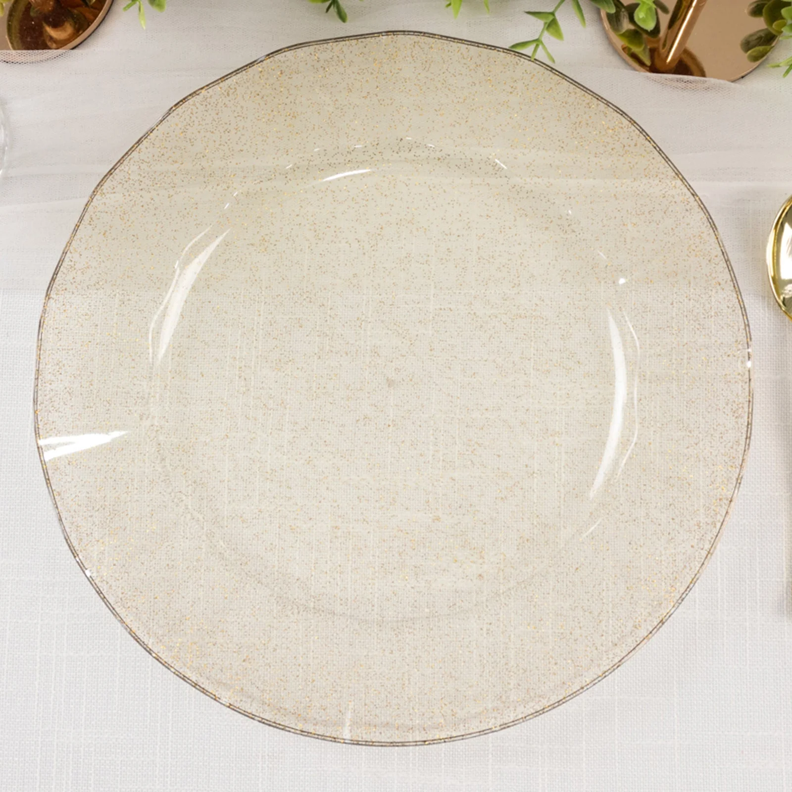 10-Pack Plastic Round Dinner Plates 11" Gold Glitter with Ruffled Rim - Transparent Heavy Duty Disposable Dinnerware