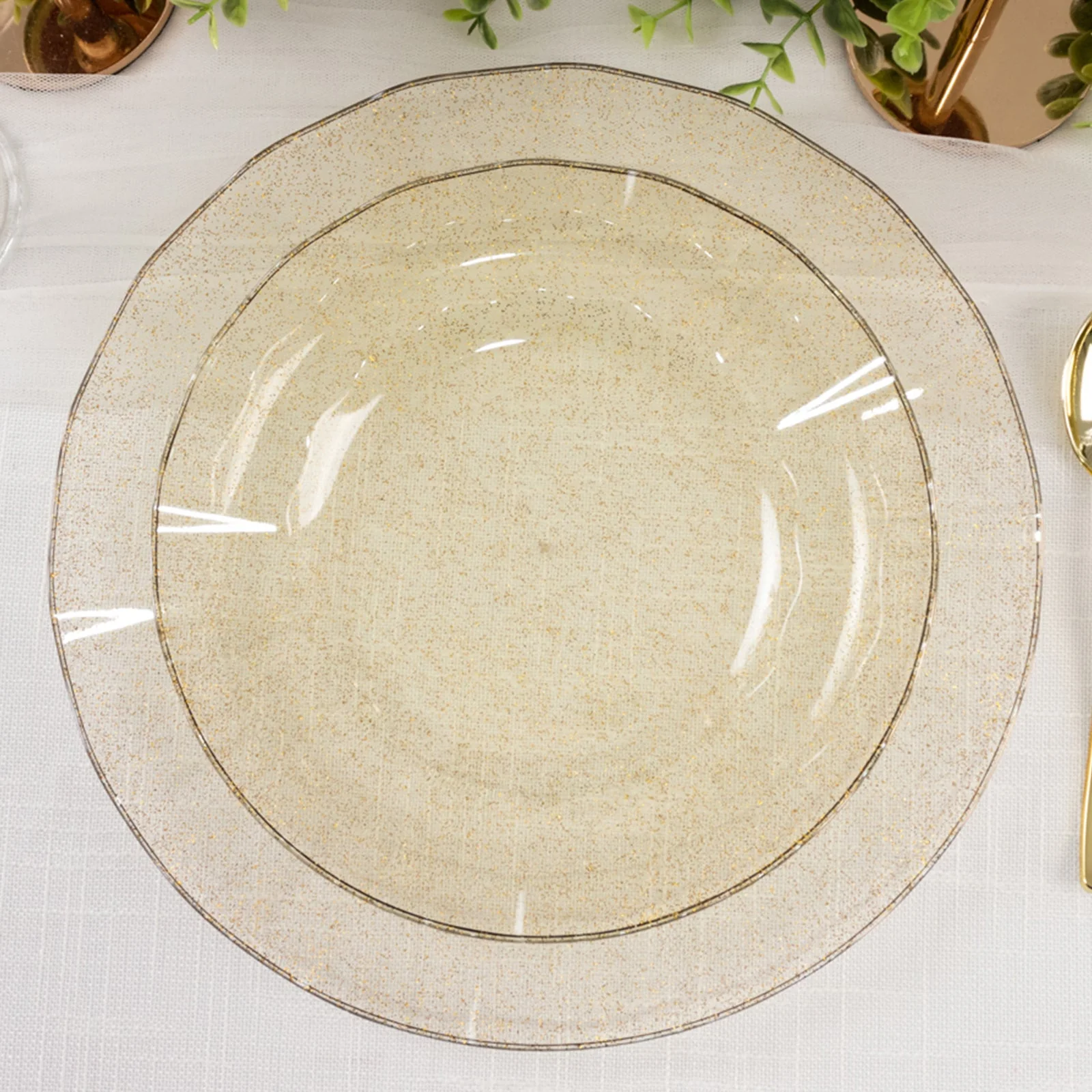 10-Pack Plastic Round Dinner Plates 9" Gold Glitter with Ruffled Rim - Transparent Heavy Duty Disposable Dinnerware