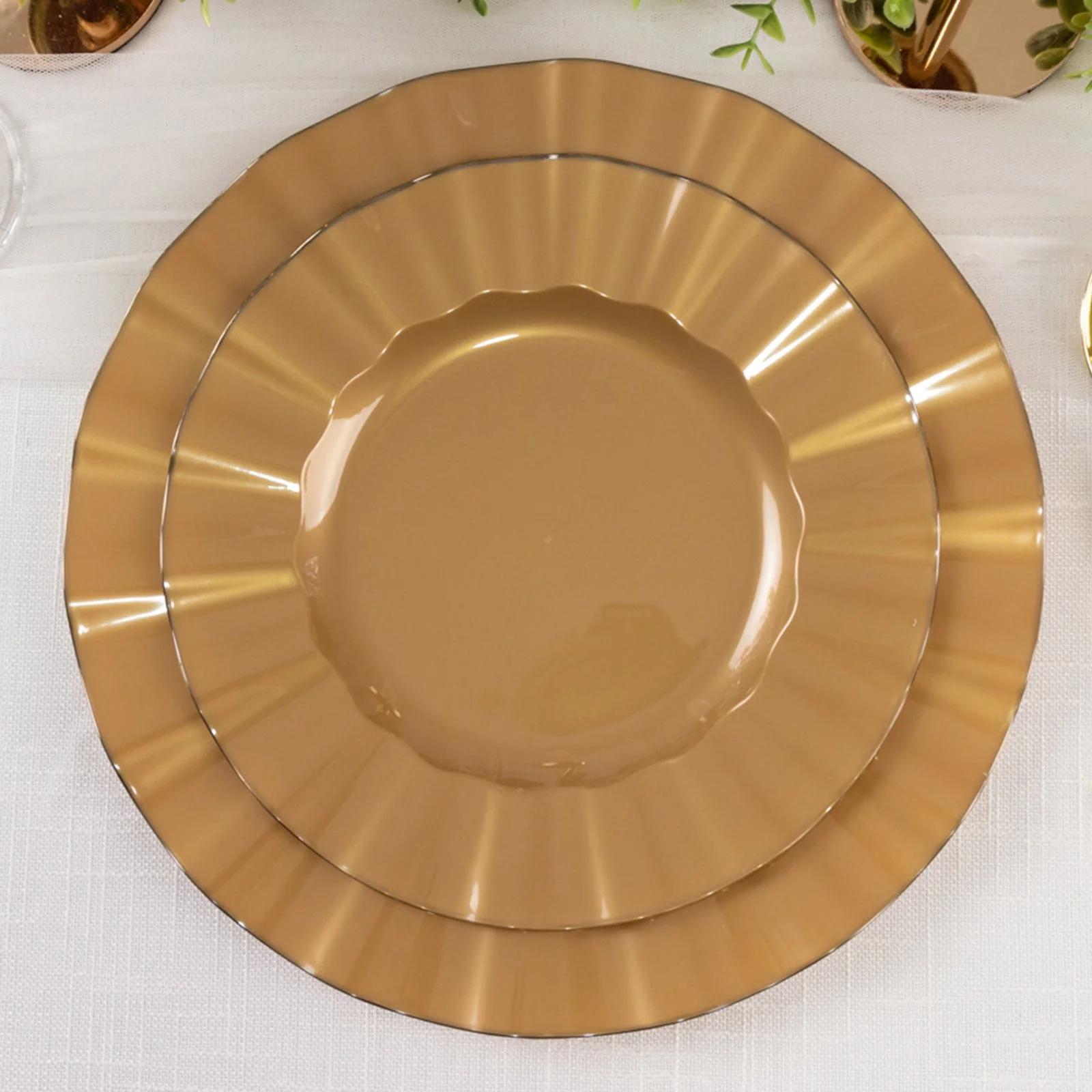 10-Pack Plastic Round Dinner Plates 9" Gold with Ruffled Rim - Heavy Duty Disposable Dinnerware for Upscale Buffets & Catered Events