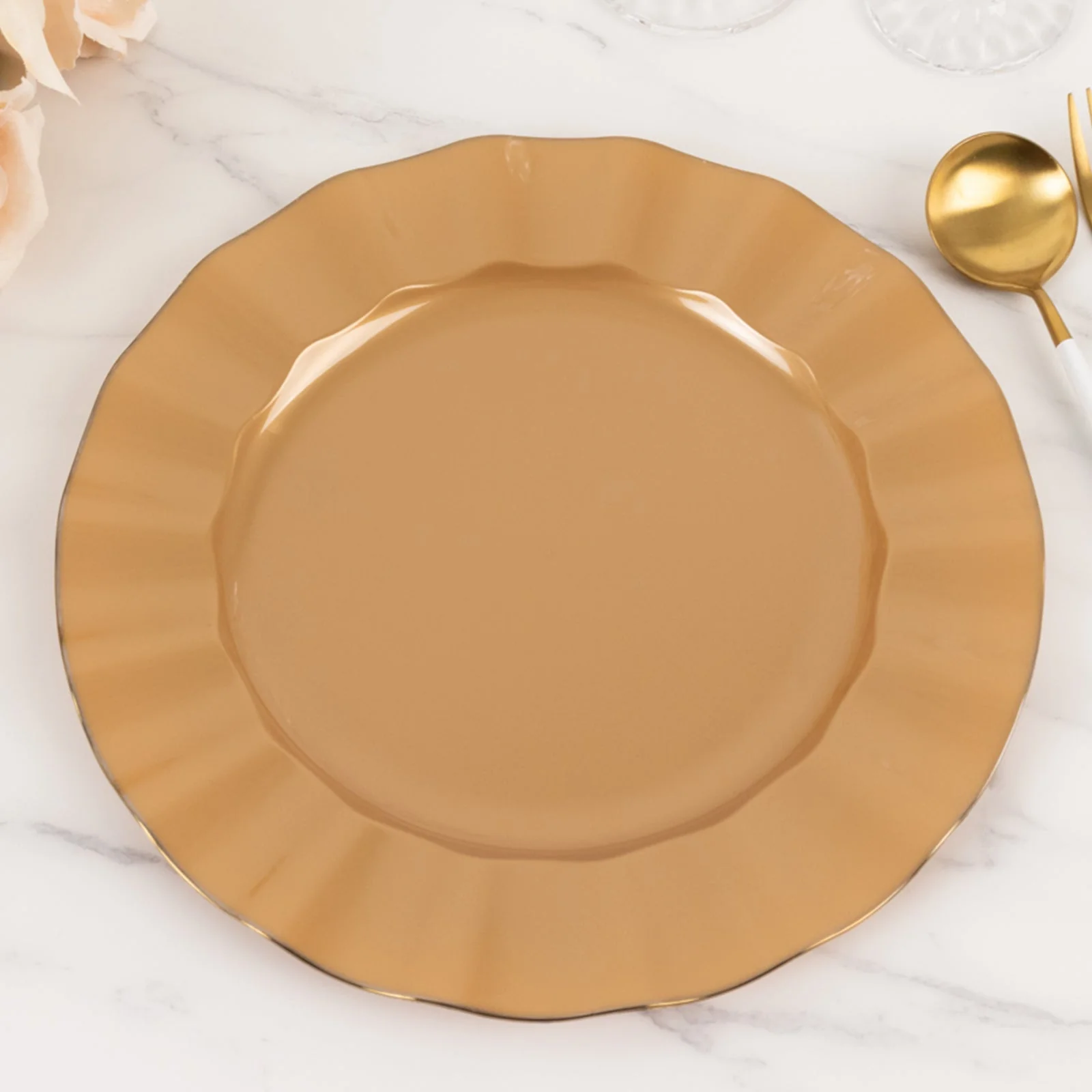 10-Pack Plastic Round Dinner Plates 11" Gold With Ruffled Rim - Heavy Duty Disposable Dinnerware for Upscale Buffets & Catered Events