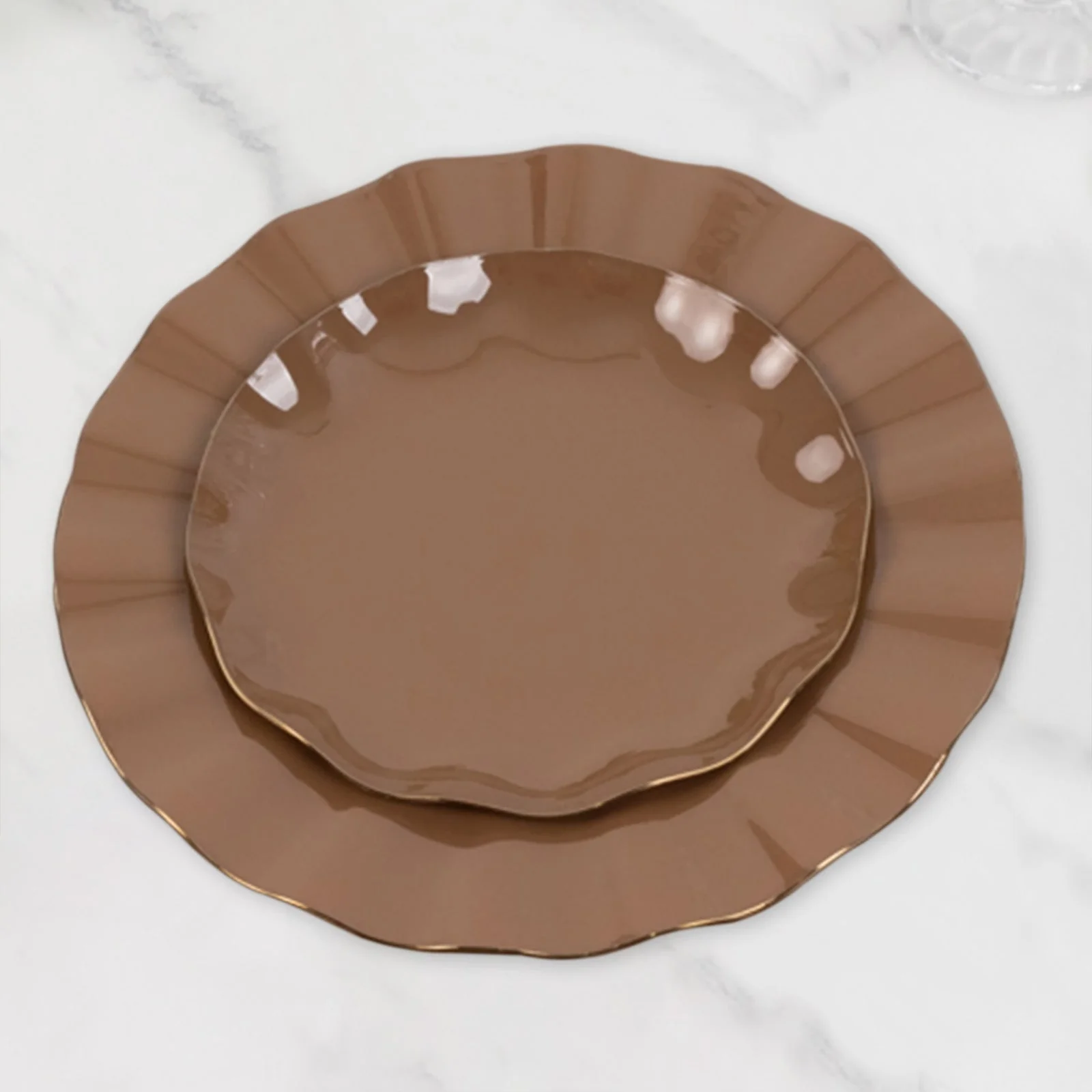 10-Pack Plastic Round Dessert Plates 6" Coffee Brown Ruffled Rim with Gold Edging - Heavy Duty Disposable Salad Appetizer Dinnerware