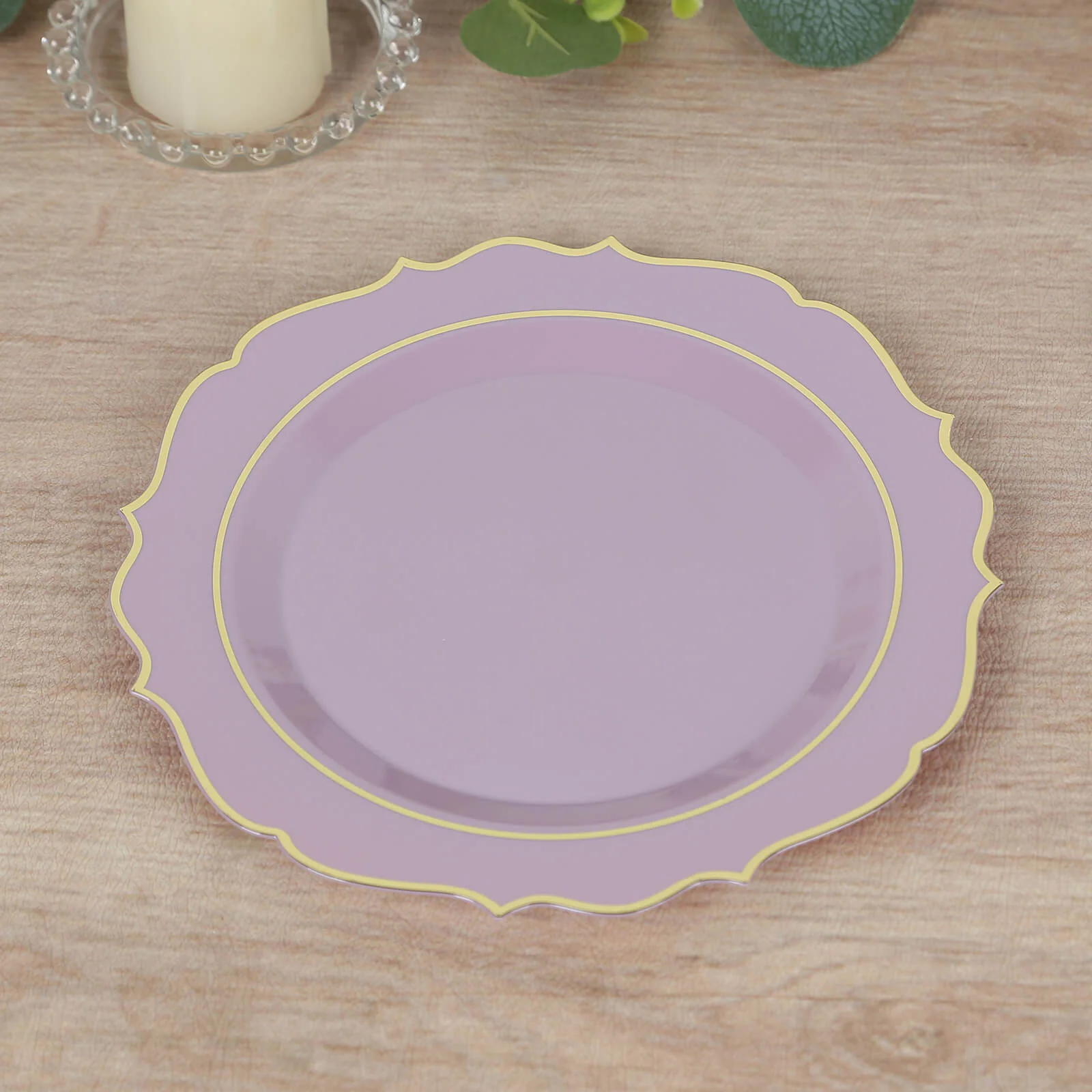 10-Pack Plastic Round Dessert Plates 8" Lavender Lilac with Gold Scalloped Rim - Disposable Appetizer/Salad Plates