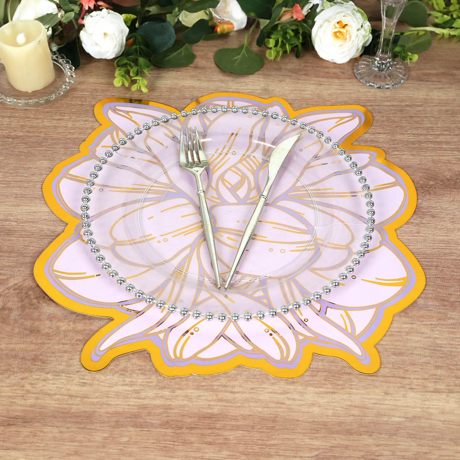 10-Pack Disposable Table Placemats 14" Lavender Peony Flower Print with Gold Foil Edges - 300GSM Lilac Floral Cardboard Placemats for Dinner Parties & Banquets