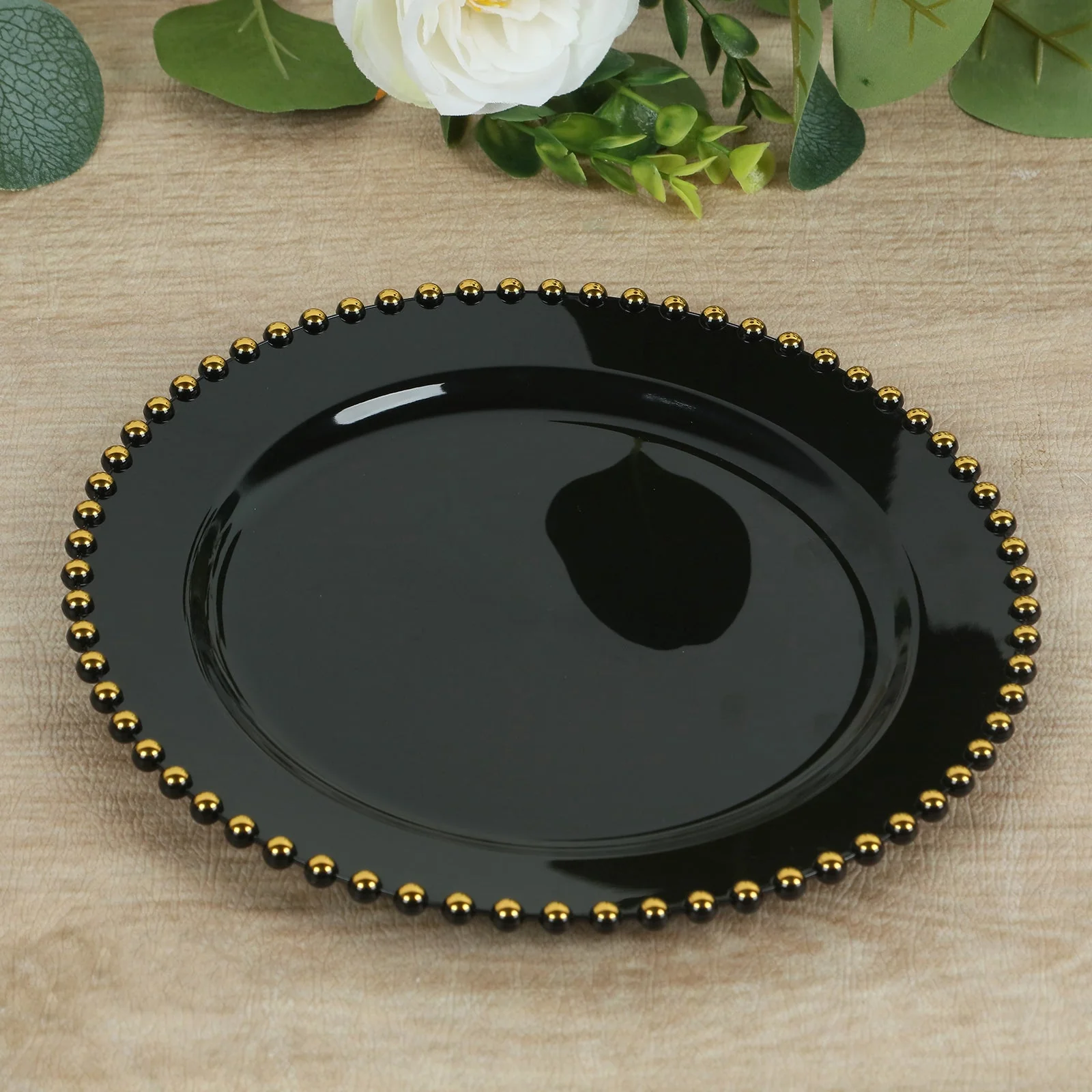 10-Pack Plastic Round Dinner Plates 10" Black with Gold Beaded Rim - Disposable Party Plates for Stylish Gatherings & Celebrations