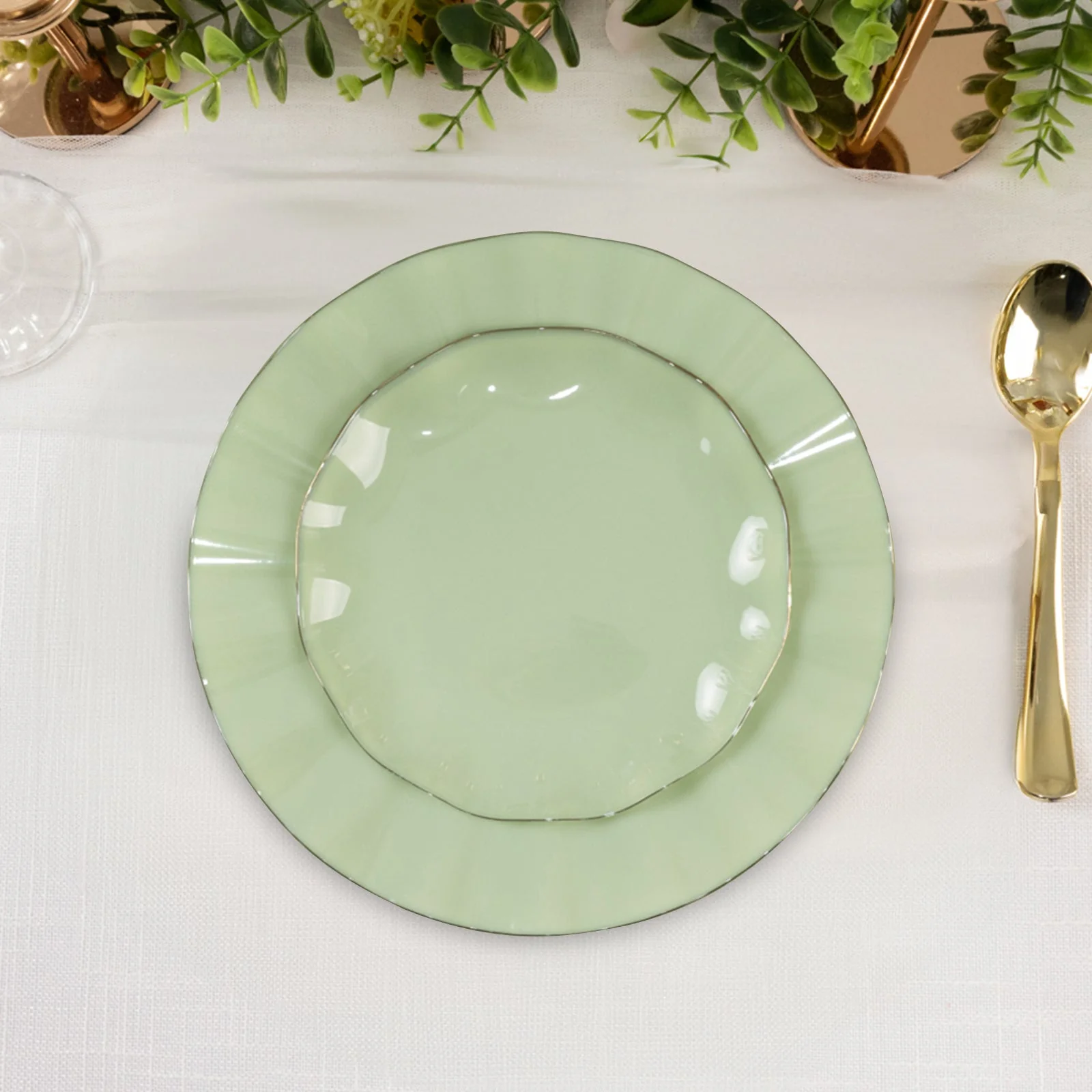 10-Pack Plastic Round Dessert Plates 6" Sage Green Ruffled Rim with Gold Edging - Heavy Duty Disposable Salad Appetizer Dinnerware