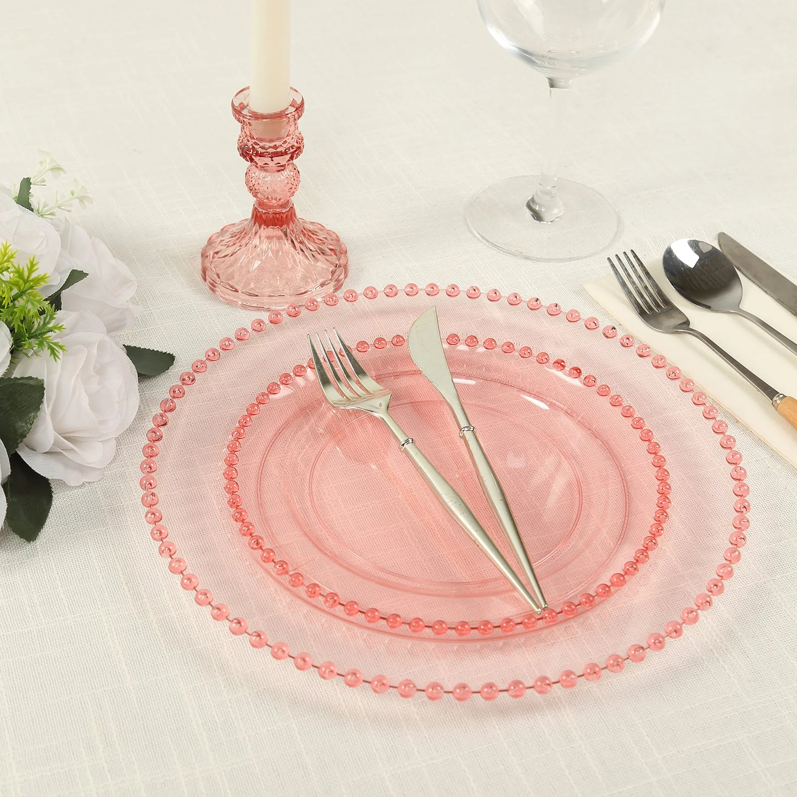10-Pack Plastic Dessert Appetizer Plates in Transparent Blush with Beaded Rim, Disposable Round Salad Party Plates 8"