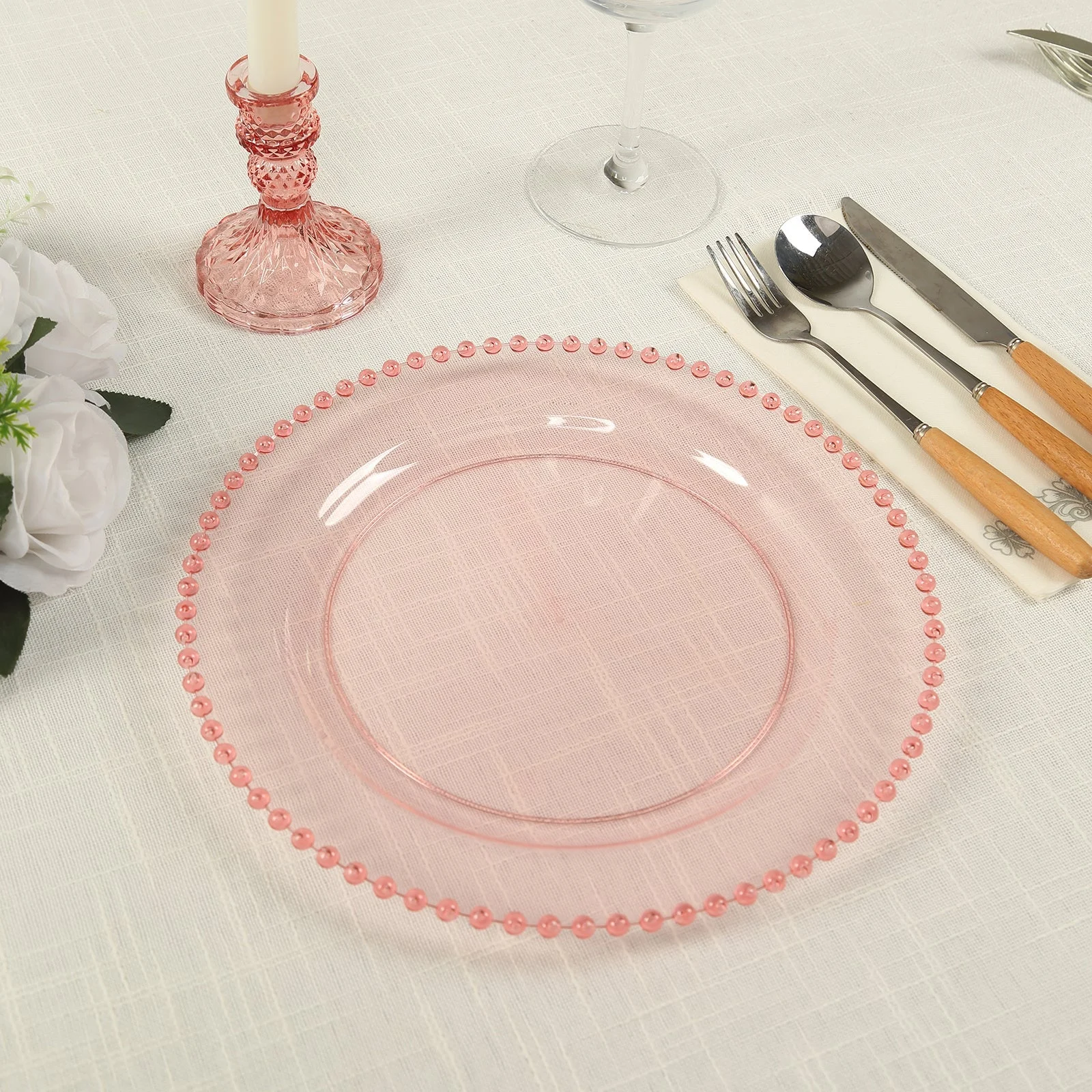 10-Pack Plastic Round Dinner Plates 10" Transparent Blush with Beaded Rim - Disposable Party Plates