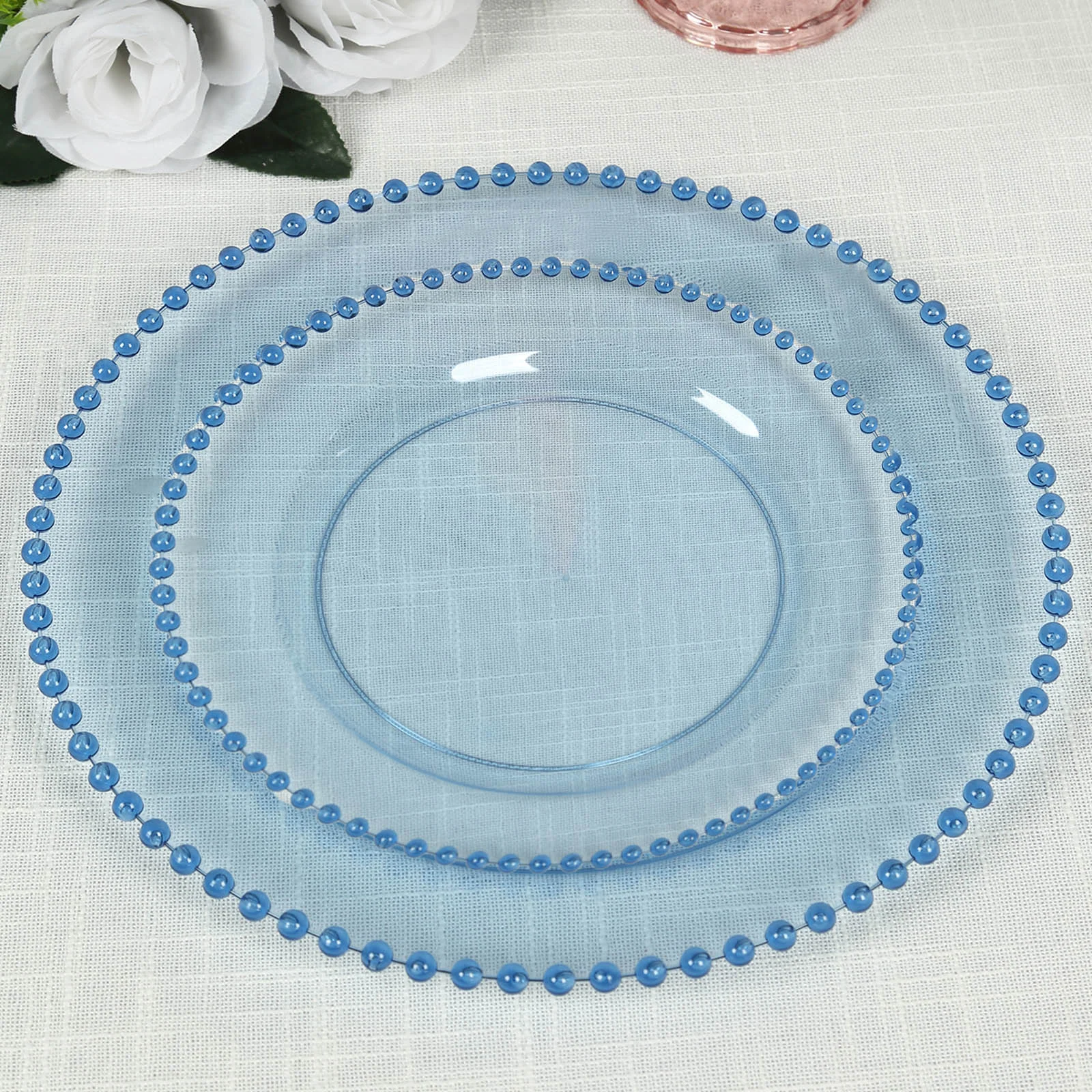 10-Pack Plastic Dessert Appetizer Plates in Transparent Dusty Blue with Beaded Rim, Disposable Round Salad Party Plates 8"