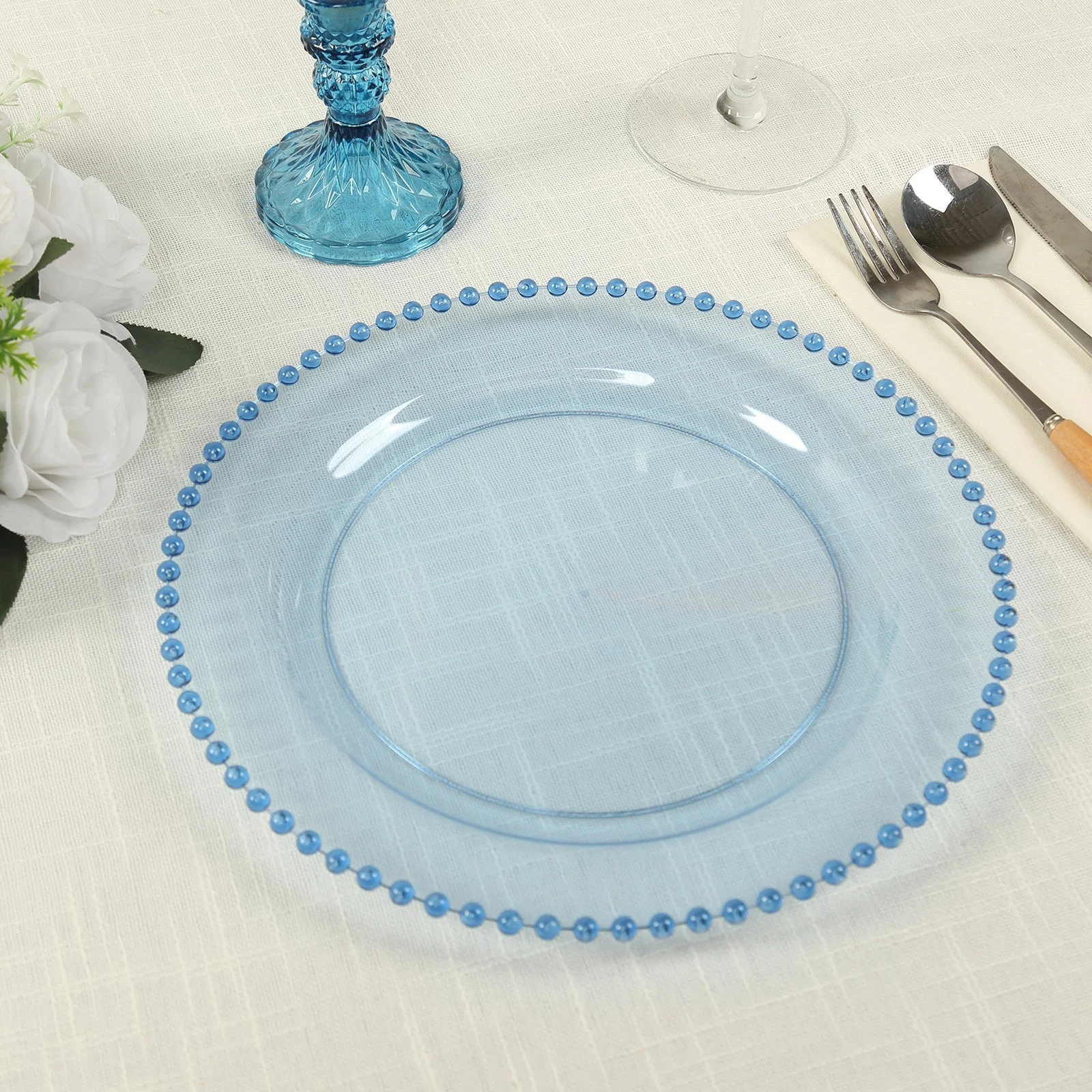 10-Pack Plastic Round Dinner Plates 10" Transparent Dusty Blue with Beaded Rim - Disposable Party Plates