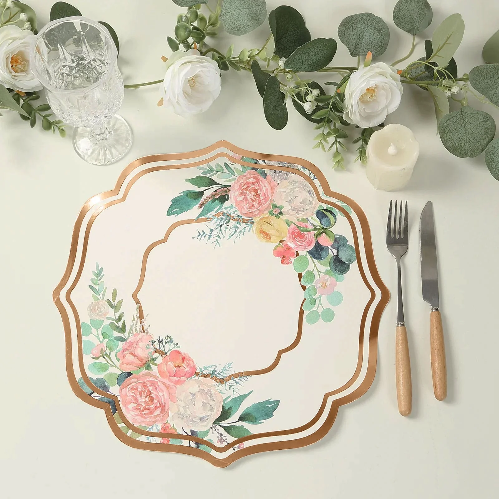 10-Pack Disposable Table Placemats 13" White with Peony Flowers Print & Rose Gold Scalloped Rim - Floral Cardboard Placemats for Dinner Parties & Banquets