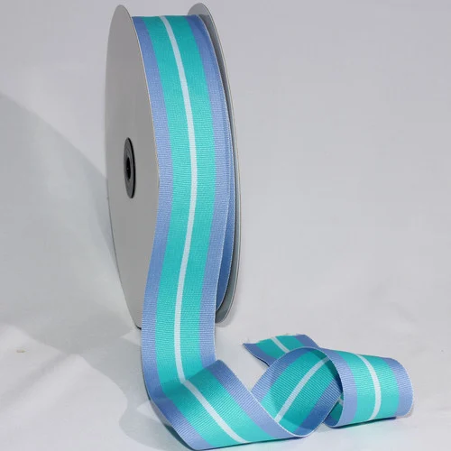 Aqua Blue and White Striped Woven Grosgrain Craft Ribbon 1.5" x 55 Yards