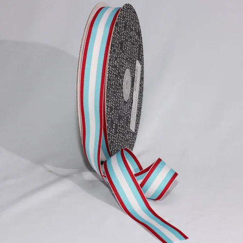 Aqua Blue and Red Striped Woven Grosgrain Craft Ribbon 1" x 55 Yards