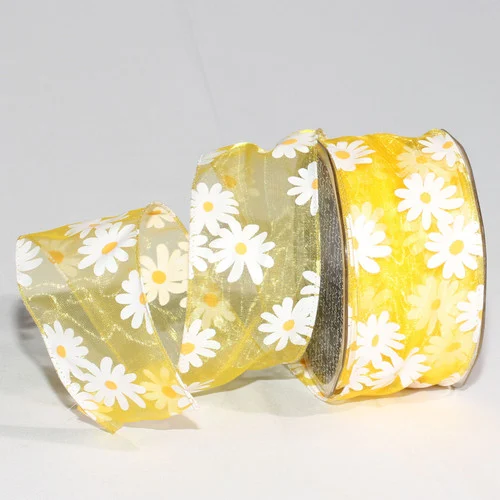 Yellow Organdy with Daisy Print Wired Craft Ribbon 2" x 54 Yards