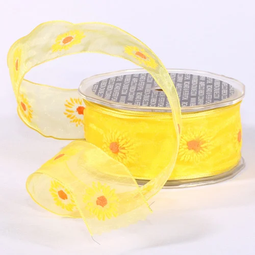 Yellow and Orange Floral Wire Edged Craft Ribbon 1.5" x 27 Yards