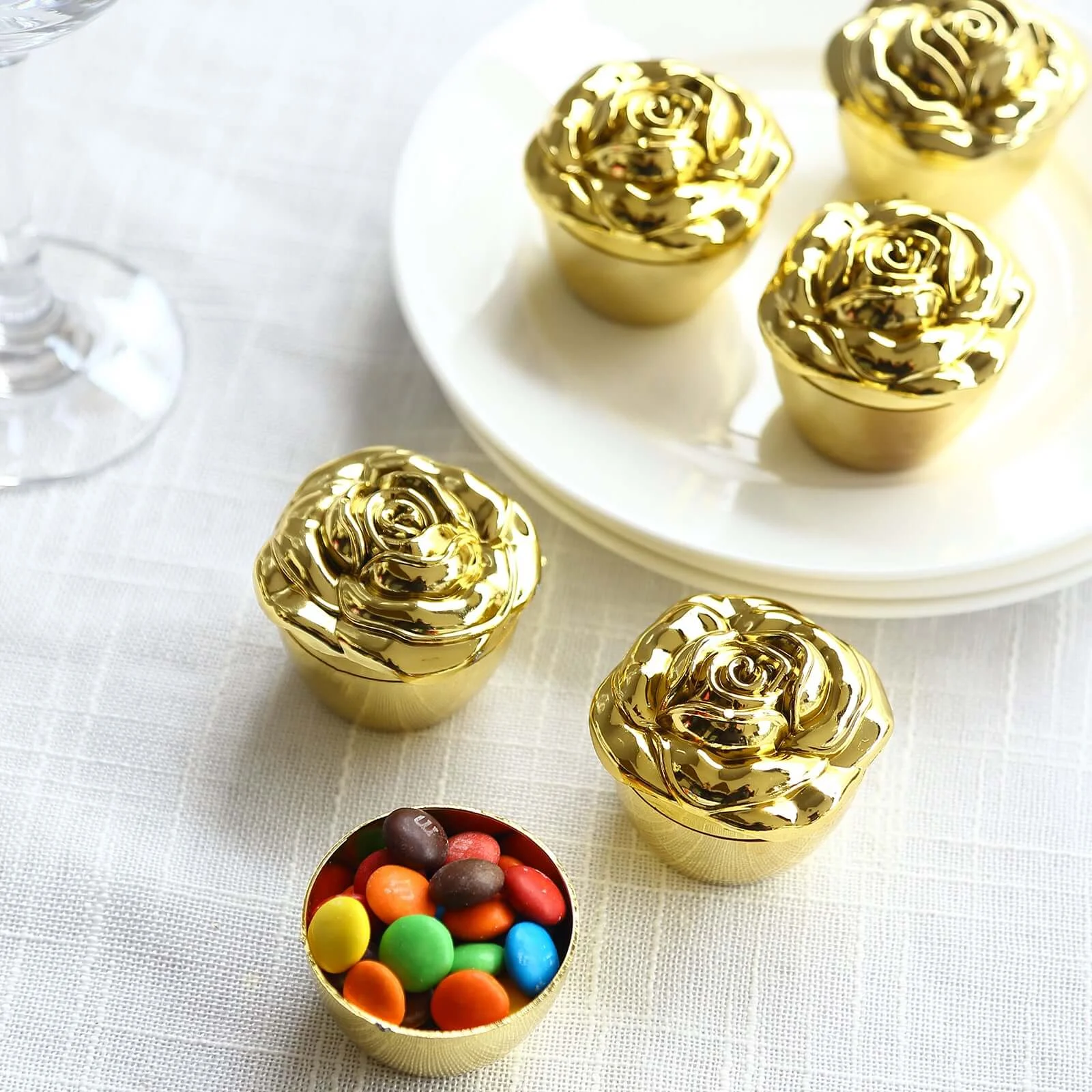 20-Pack Plastic Fillable Mini Candy Container in Vintage Rose Style 2" Gold with Lids - Compact Candy Treat Favor Boxes