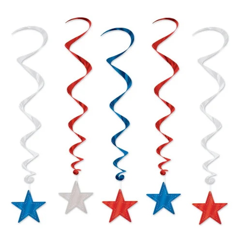 30 Metallic Red, Blue and Silver Star Dizzy Dangler Hanging Party Decorations 36"