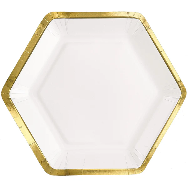 7" Hex Metallic Paper Plate - White