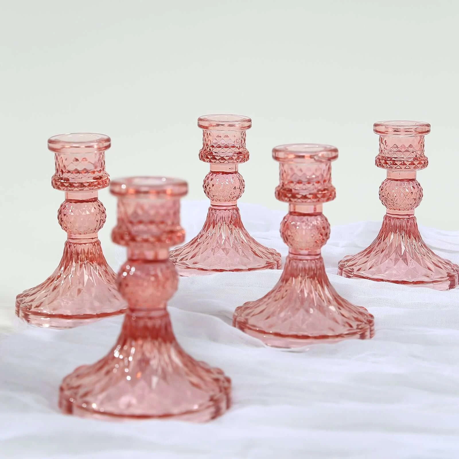 6-Pack Glass Taper Candlestick Holders 4" Diamond Pattern Design Dusty Rose - Reversible Crystal Pillar Votive Stands