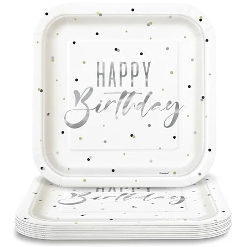 Unique Silver & White Happy Birthday Square Paper Dinner Plates - 9" (Pack of 8)
