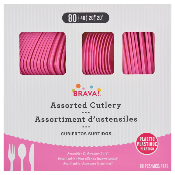 Bright Pink - Boxed, Heavy Weight Cutlery Asst., 80 Ct.