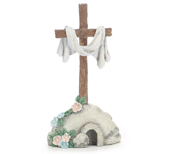 RESIN CROSS IN STONE SHELF SITTER