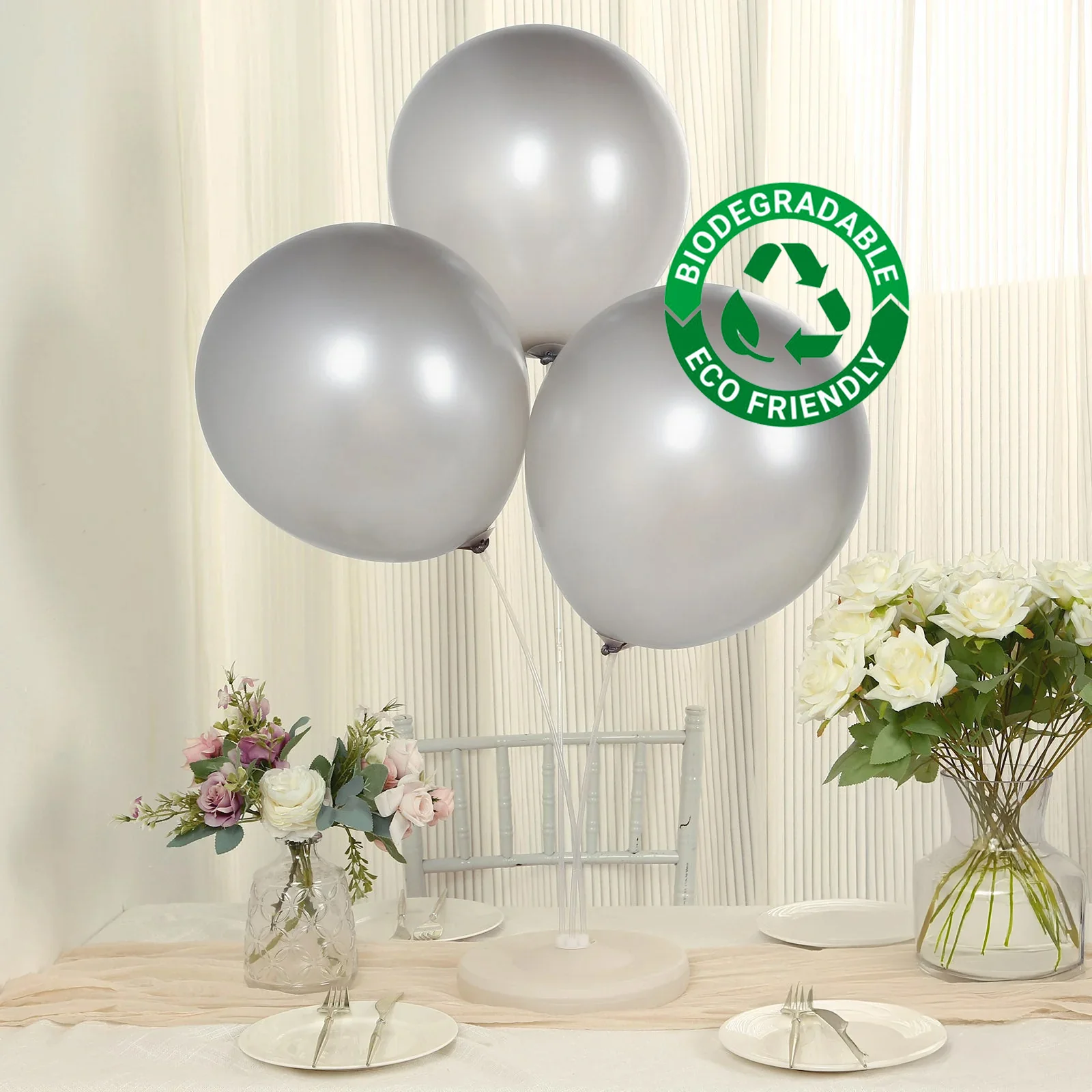 10 Pack Metallic Silver Biodegradable Balloons, Thick Chrome Latex Party Balloons - 18"
