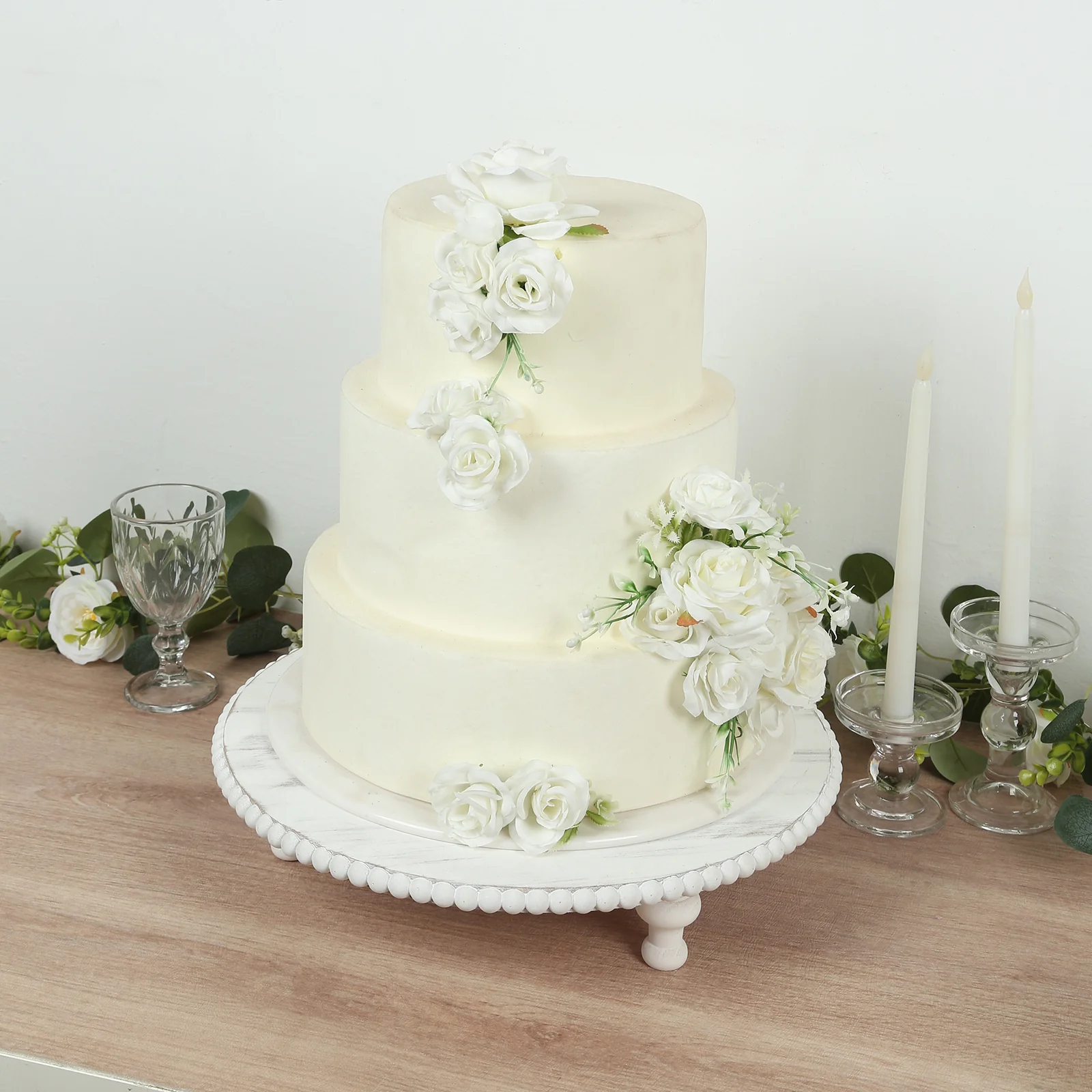 Wooden Pedestal Cake Stand 16" – Antique White Beaded Riser, Rustic Wood Slice or Cupcake Display