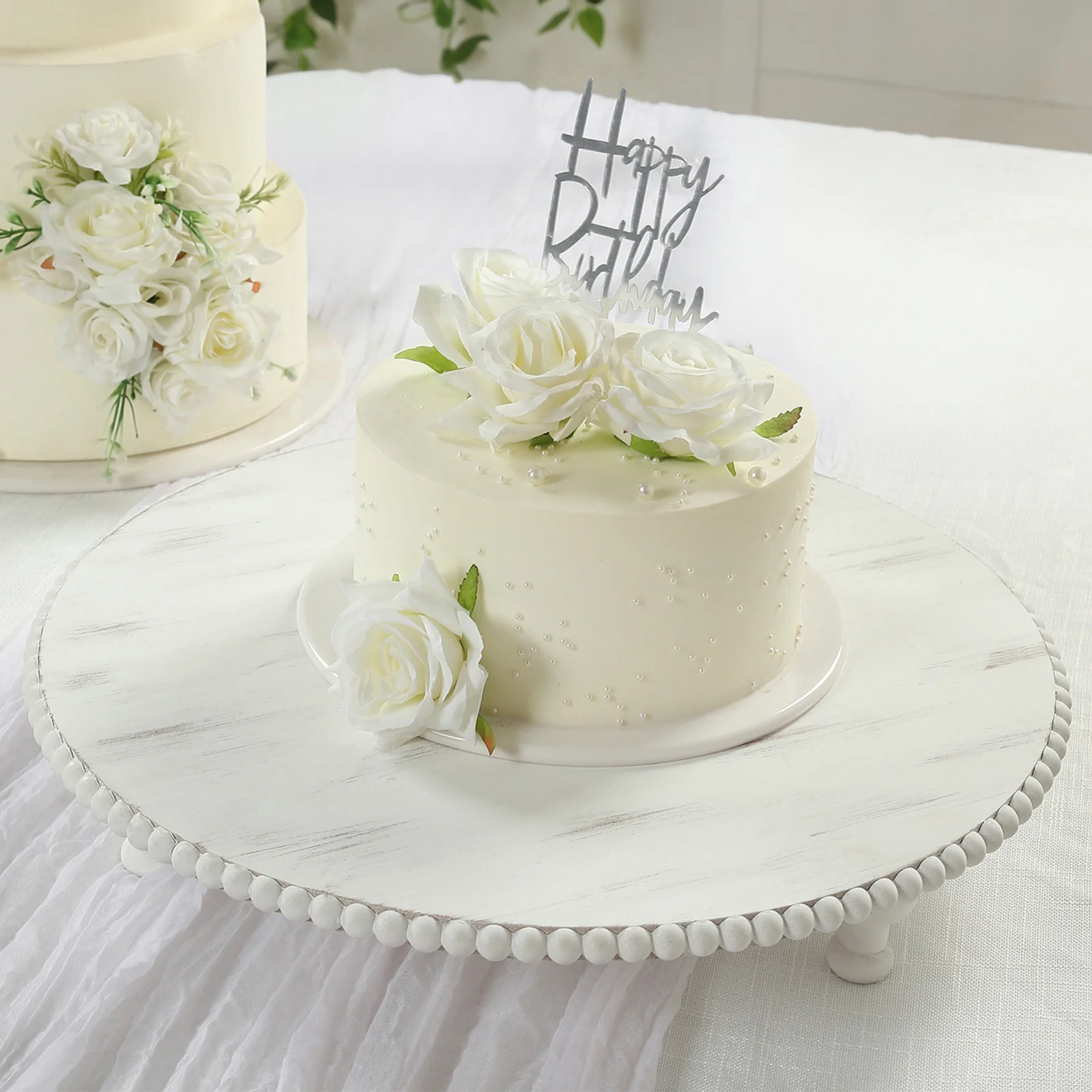 Wooden Pedestal Cake Stand 18" – Antique White Beaded Riser, Rustic Wood Slice or Cupcake Display