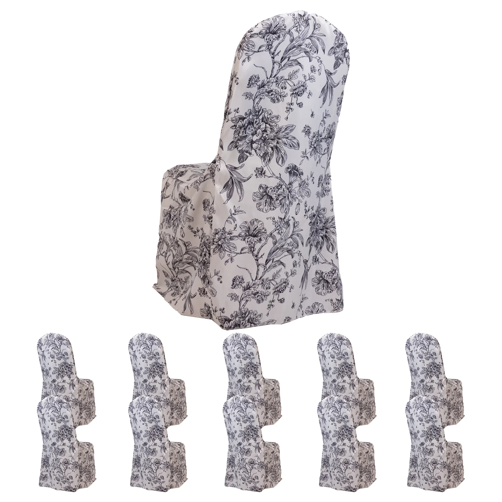 10 Pack Polyester Banquet Chair Covers – White Black French Toile Pattern, Reusable Stain-Resistant Slip-On Slipcovers