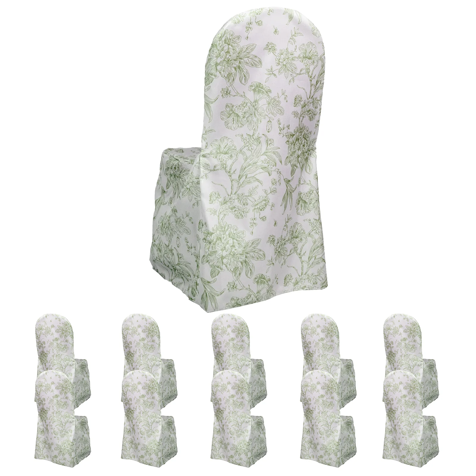 10 Pack Polyester Banquet Chair Covers – White Dusty Sage Green French Toile Pattern, Reusable Stain-Resistant Slip-On Slipcovers