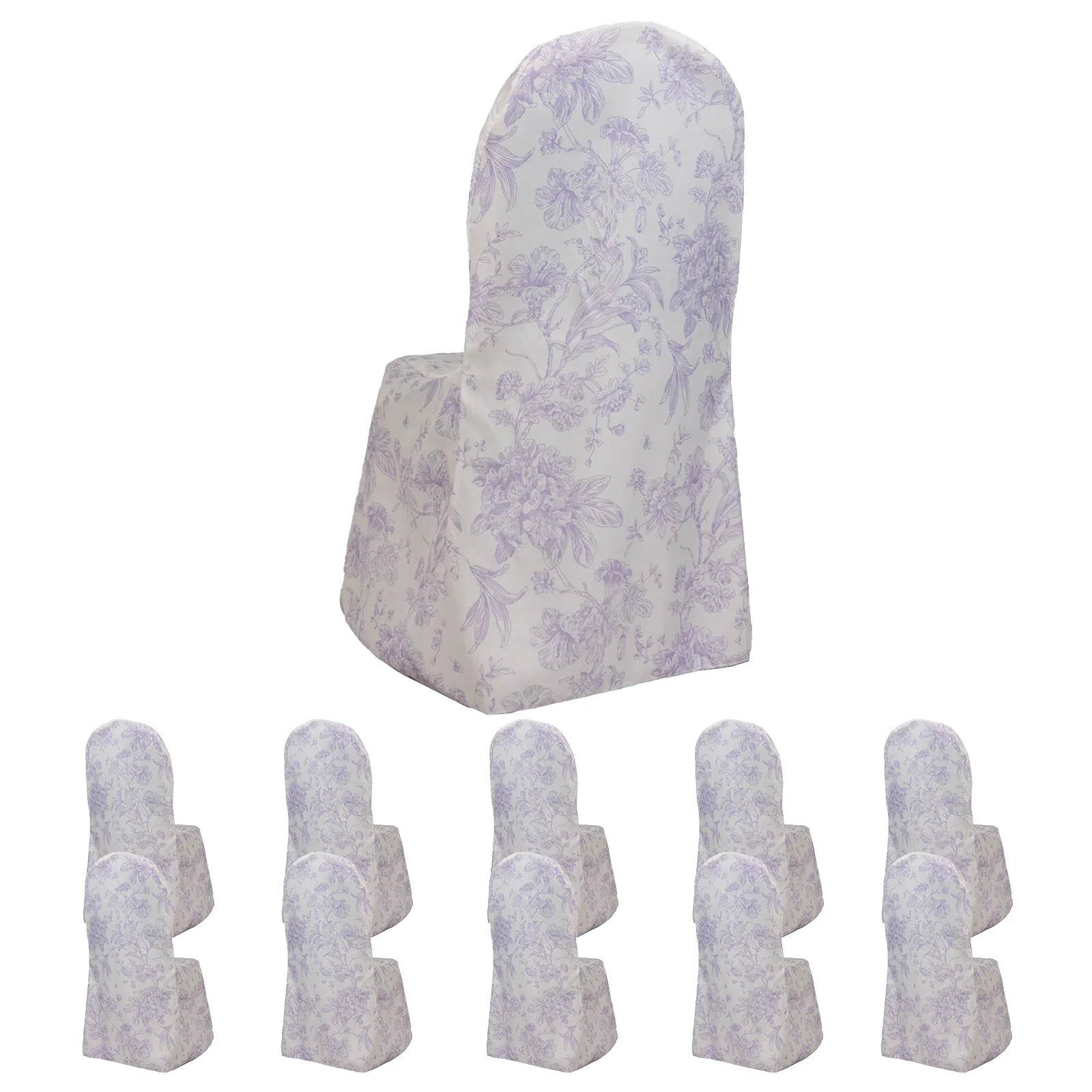 10 Pack Polyester Banquet Chair Covers – White Lavender Lilac French Toile Pattern, Reusable Stain-Resistant Slip-On Slipcovers