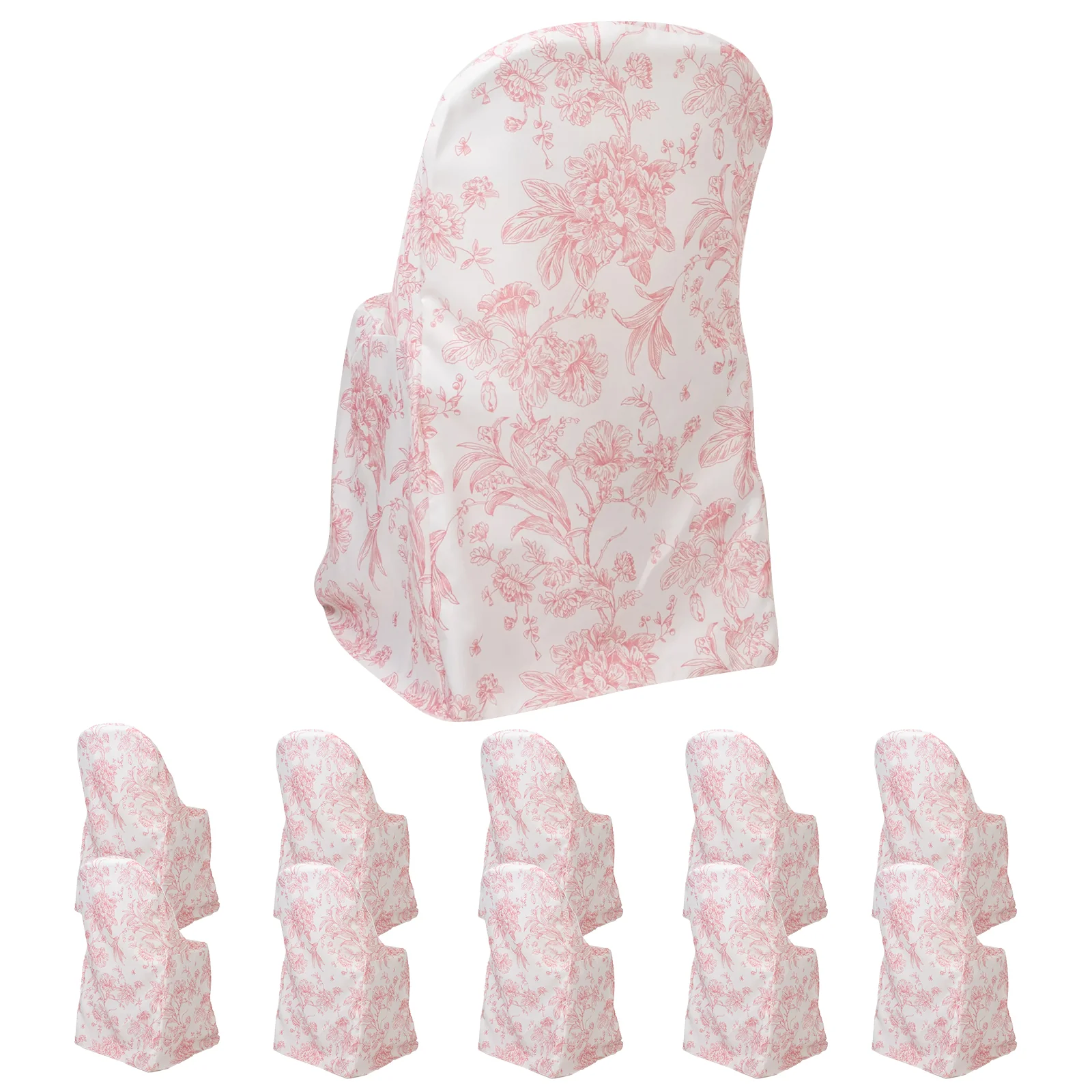 10 Pack Polyester Folding Chair Covers – White Pink French Toile Pattern, Reusable Stain-Resistant Slip-On Slipcovers