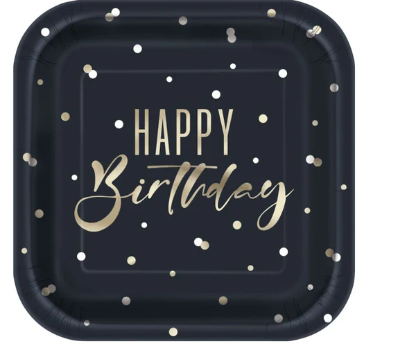 Gold Happy Birthday "Happy Birthday" Square 7" Dessert Plates8ct - Foil Stamping