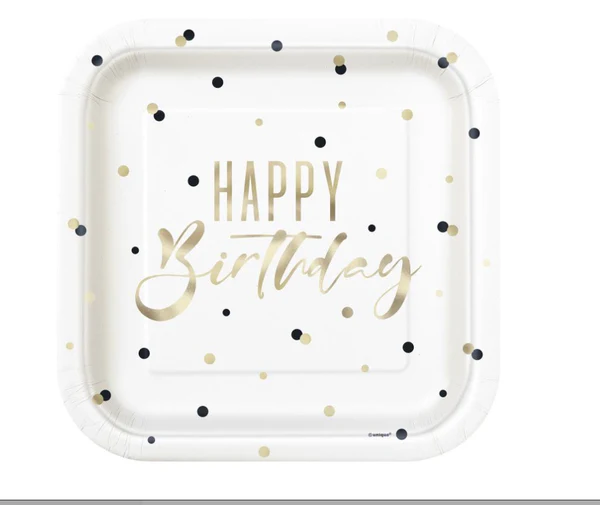 Gold Happy Birthday "Happy Birthday" Square 9" Dinner Plates8ct - Foil Stamping