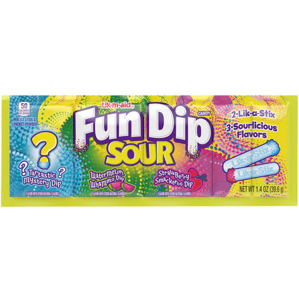 LIK-M-AID FUN DIP - 3 FLAVOR SOUR STRIP (MYST/WMLN/STRWBRY)