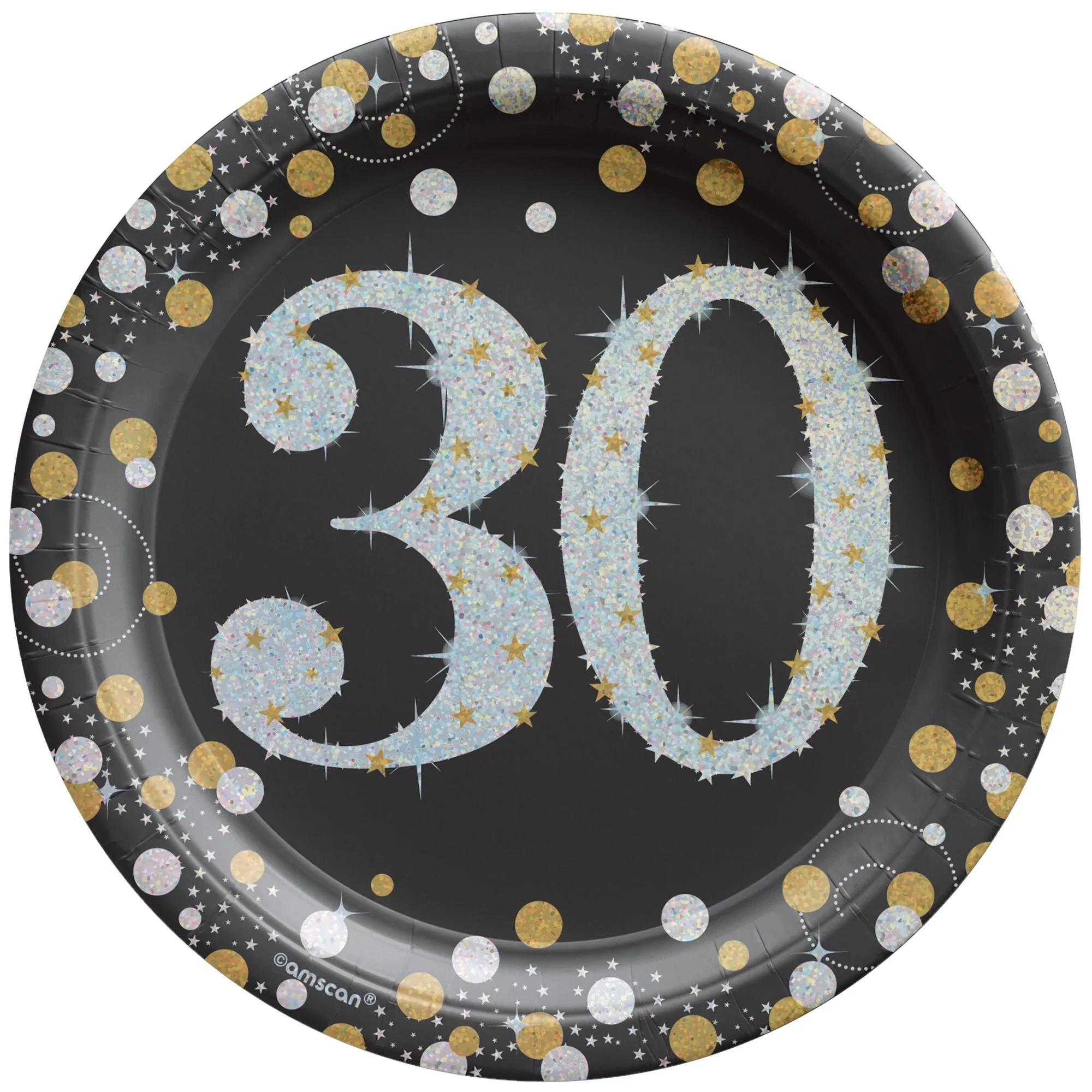 30th Sparkling Celeb Small Round Dessert Paper Plates, 7 Inches, 8 Count
