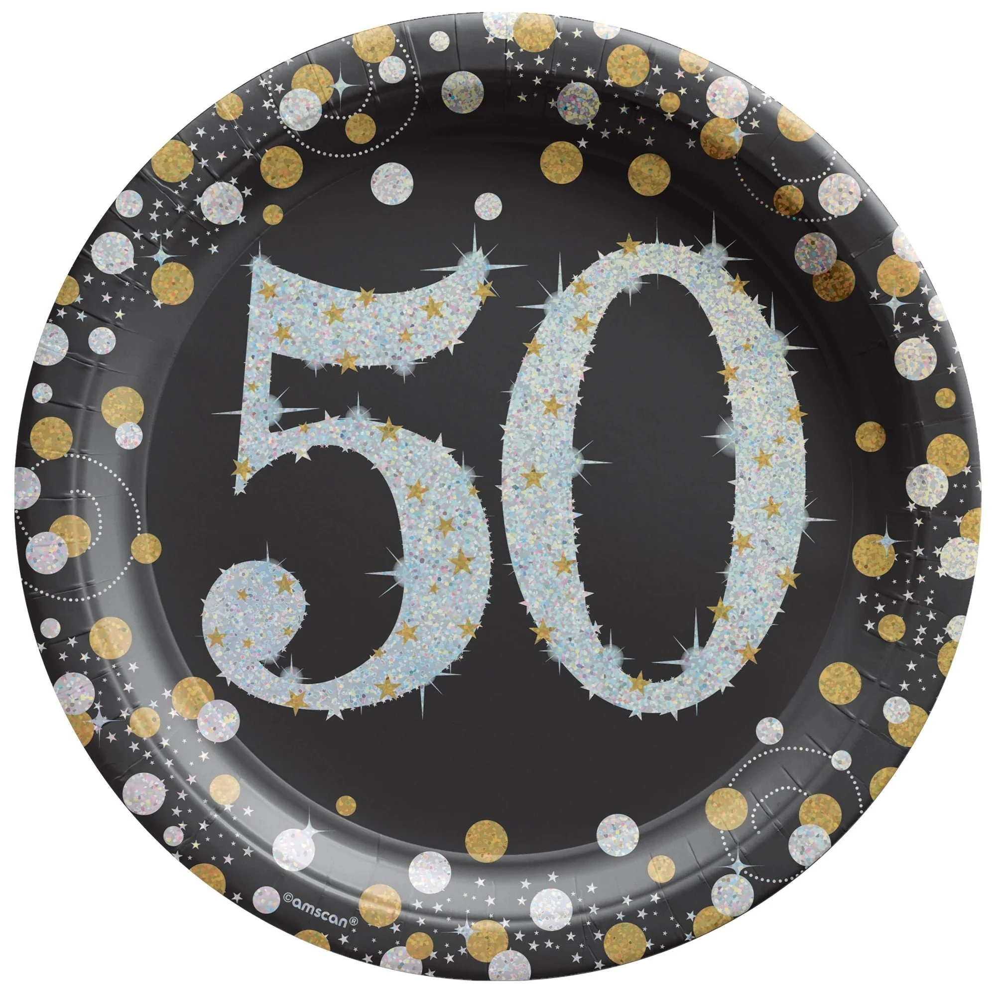 50th Sparkling Celeb Large Round Lunch Paper Plates, 9 Inches, 8 Count