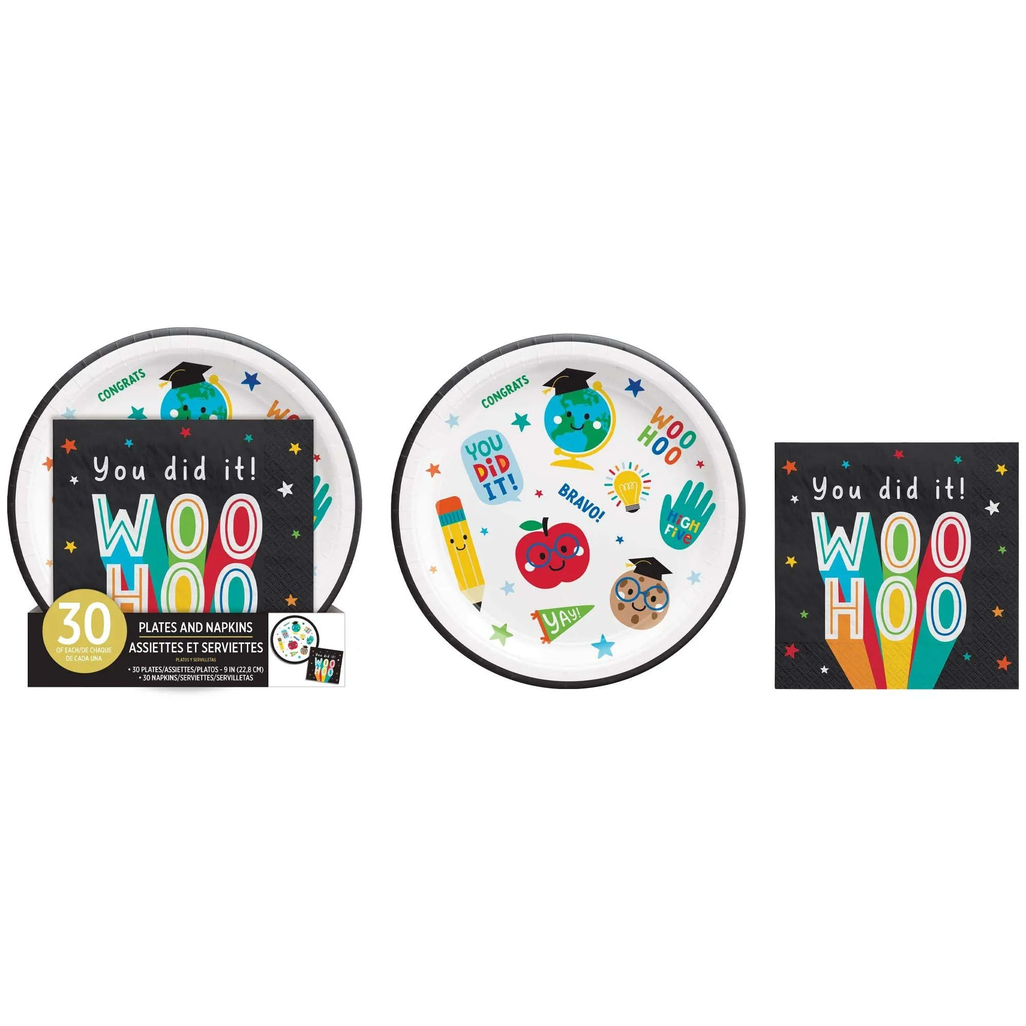 Graduation Fun Large Round Lunch Paper Plates & Large Lunch Napkins Value Pack, 60 Count