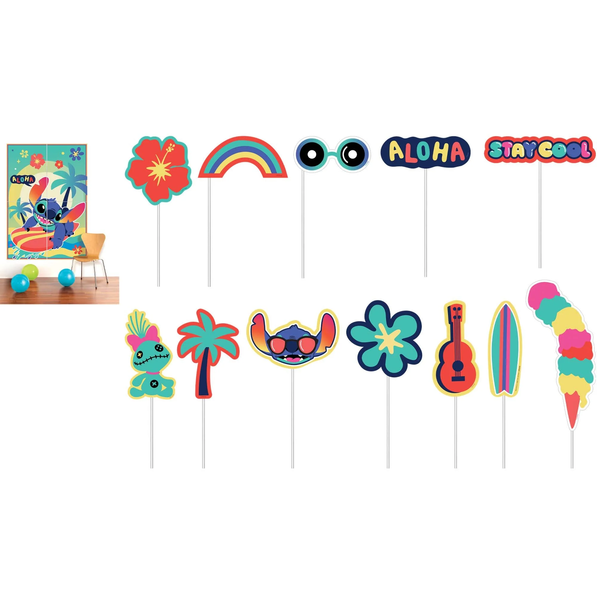 Disney Stitch Birthday Party Scene Setter with 12 Paper Photo Props, 59 x 65 Inches