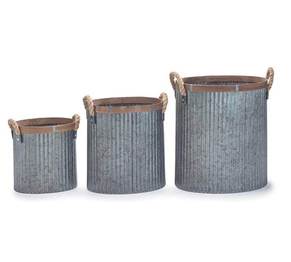 TIN PLANTER SET WITH WOOD TRIM