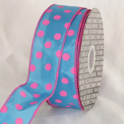 Blue and Pink Polka Dots Printed Wired Craft Ribbon 1.5" x 40 Yards