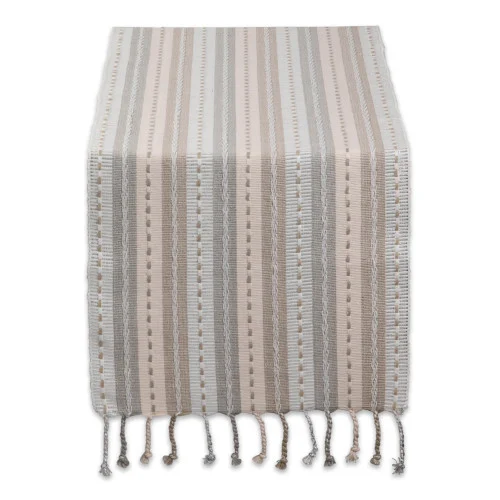 Woven Striped Table Runner with Twisted Fringe - 108" - Gray and Tan