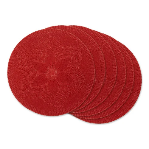 Woven Round Floral Placemats - 15" - Cherry Red - Set of 6